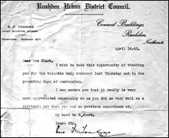 RUDC letter of thanks to Audrey for her help with billeting in the town