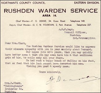 Warden Service letter of condolence when Bernard was reported missing